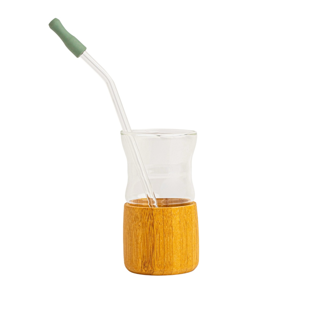 [9960147993] Mate Glass Cup with Wooden Base and Glass Straw