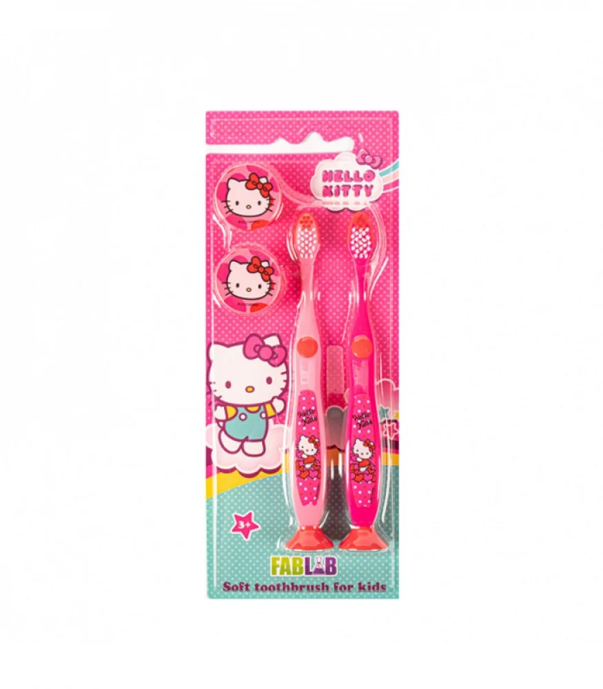 Twin Pack Children's Manual Toothbrush with Suction Base - From Fab Lab Multiple Dual Character Options - HELLO KITTY
