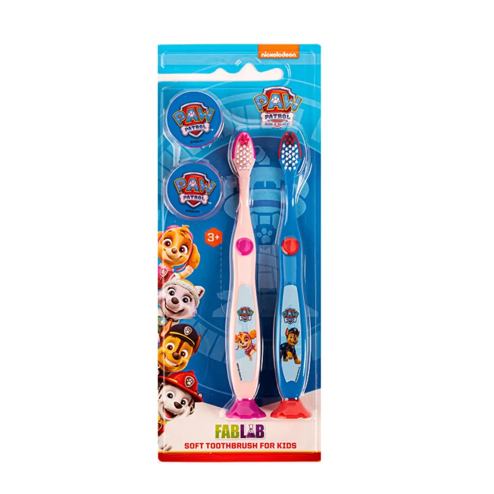 Twin Pack Children's Manual Toothbrush with Suction Base - From Fab Lab Multiple Dual Character Options - PAW