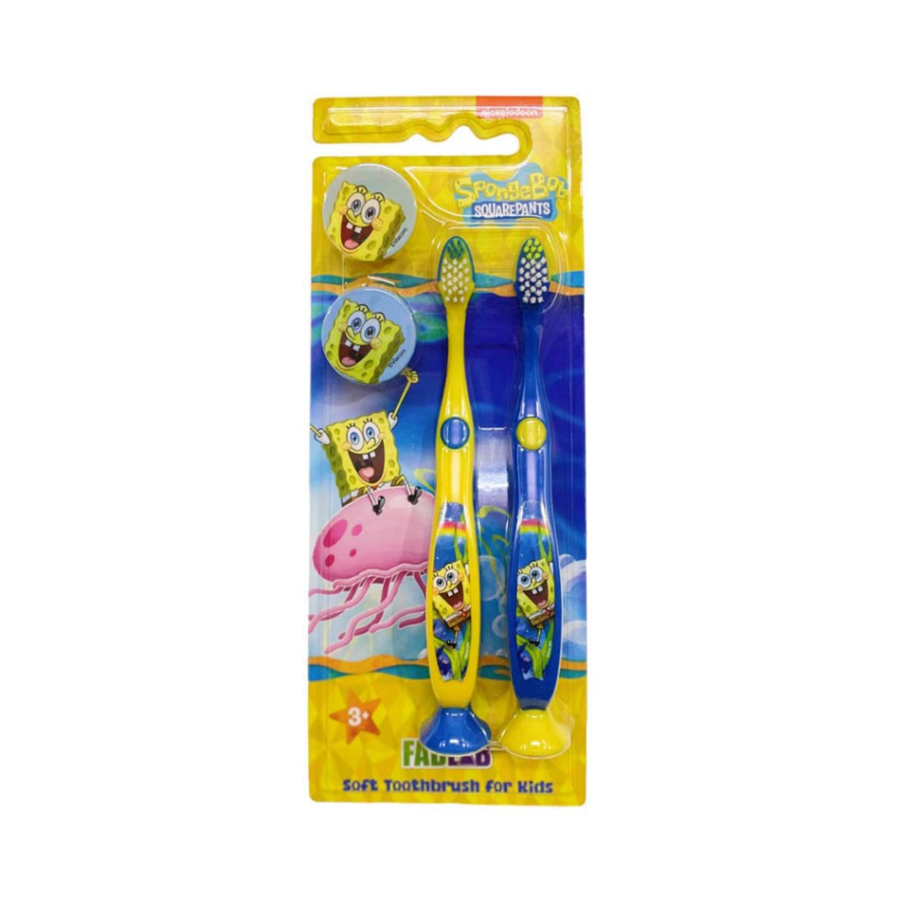 Twin Pack Children's Manual Toothbrush with Suction Base - From Fab Lab Multiple Dual Character Options - SPANGE BOB