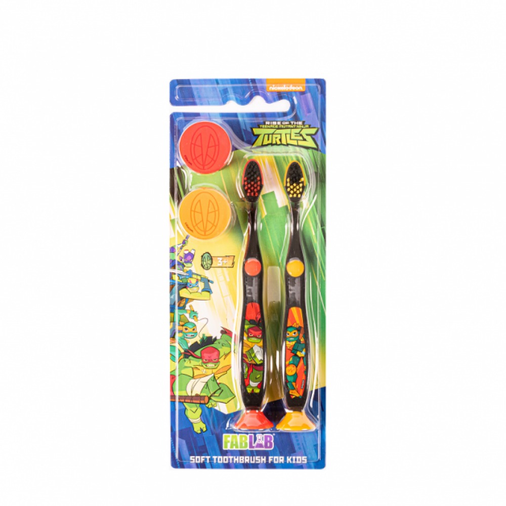 Twin Pack Children's Manual Toothbrush with Suction Base - From Fab Lab Multiple Dual Character Options - TURTLES